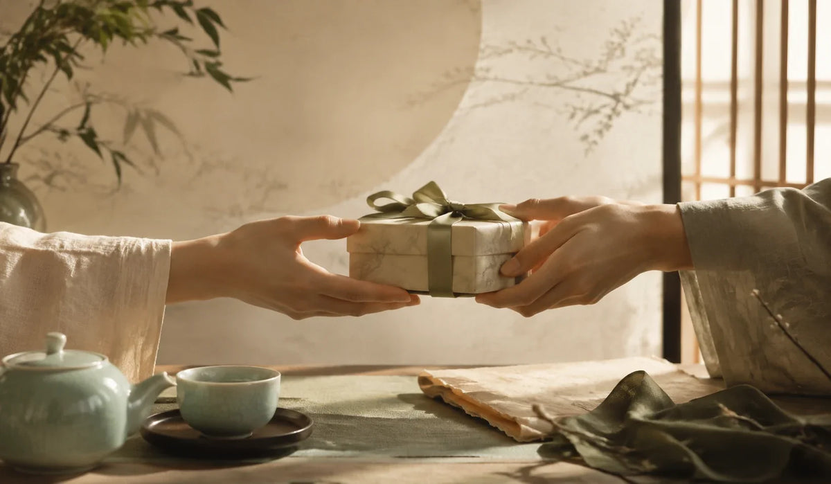 Eastern Aura editorial scene about Chinese gift set and context, curiosity and personal meaning in gifting