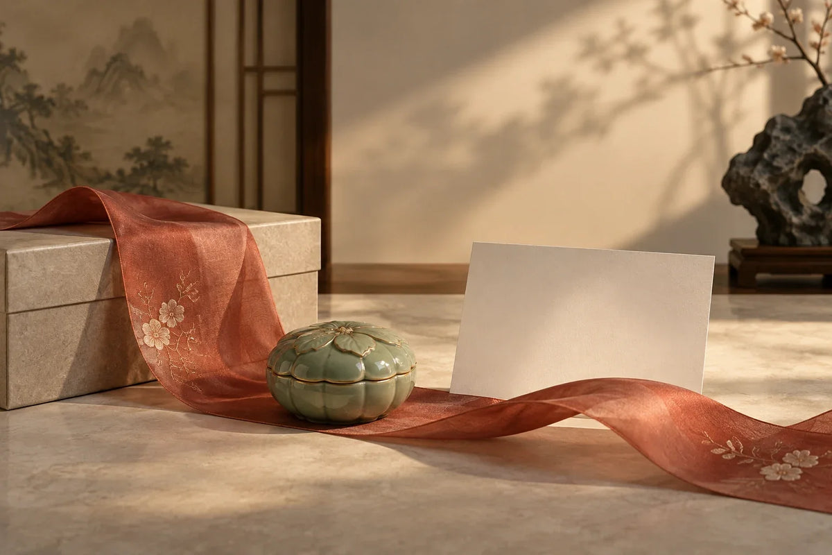 Eastern Aura editorial scene about Chinese gift set and context, curiosity and personal meaning in gifting
