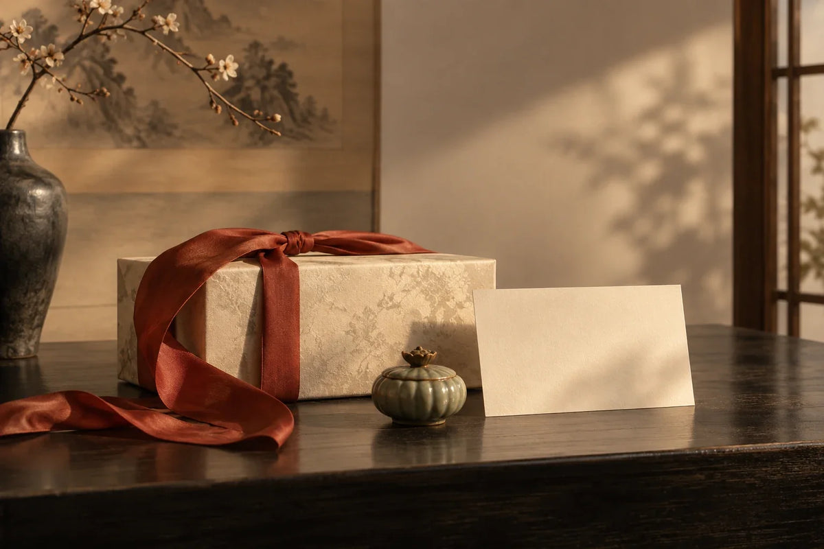 Eastern Aura editorial scene about Chinese gift set and context, curiosity and personal meaning in gifting