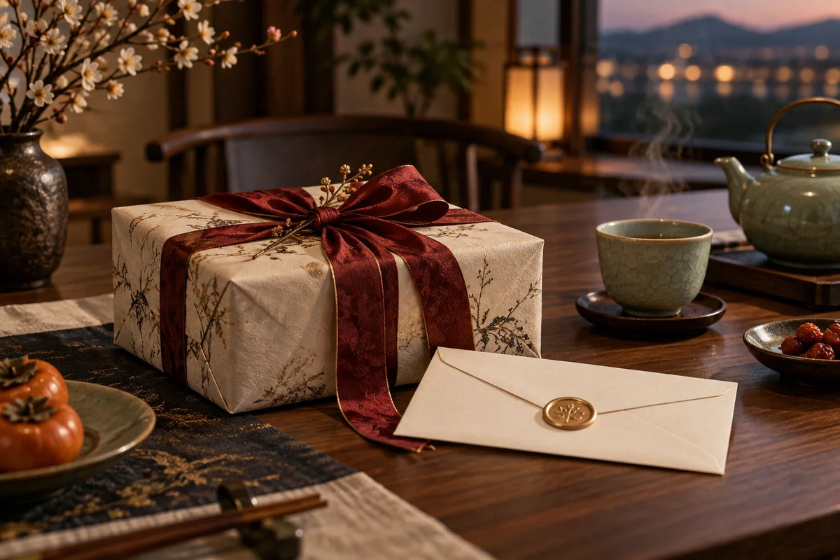 Eastern Aura editorial scene about Chinese gift set and context, curiosity and personal meaning in gifting