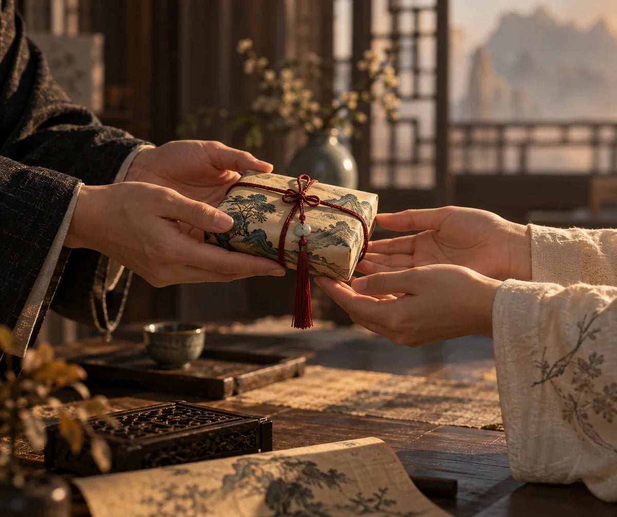 Eastern Aura editorial scene about Chinese gift set and context, curiosity and personal meaning in gifting