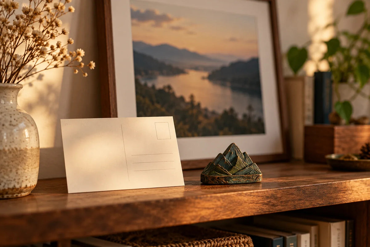 A small travel keepsake placed among a few carefully selected art objects