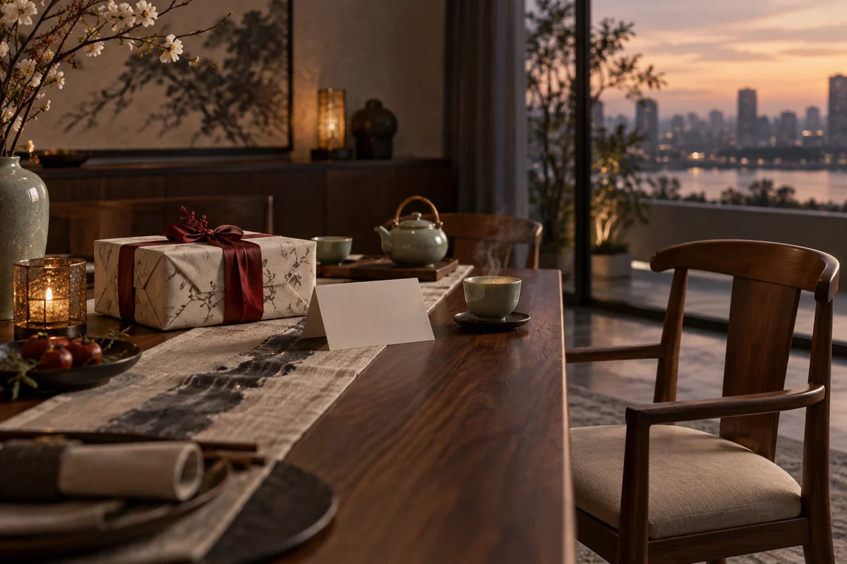 Eastern Aura editorial scene about Chinese gift set and context, curiosity and personal meaning in gifting