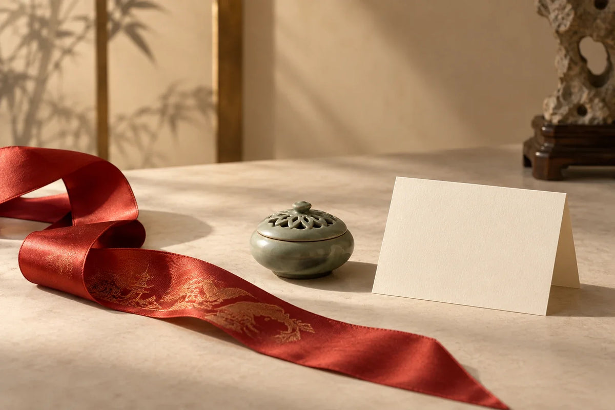 Eastern Aura editorial scene about Chinese gift set and context, curiosity and personal meaning in gifting