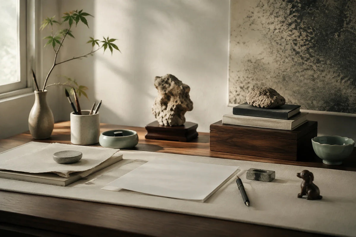 Eastern Aura editorial scene about desk objects, memory and concentration