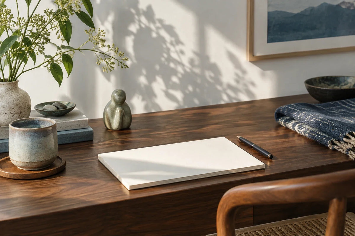 Eastern Aura editorial scene about Asian decorative objects and desk objects, memory and concentration