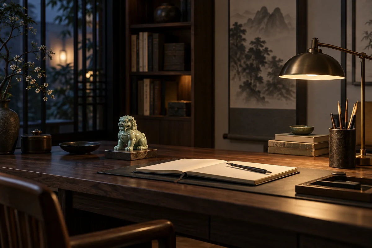 Eastern Aura editorial scene about Asian decorative objects and desk objects, memory and concentration