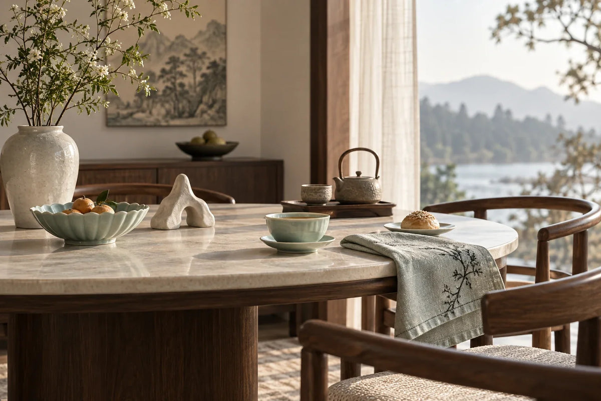 Eastern Aura editorial scene about Asian decorative objects and desk objects, memory and concentration