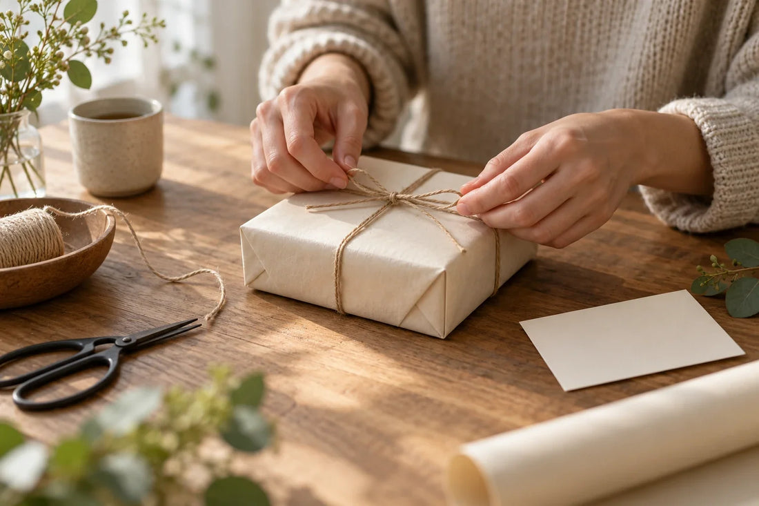 A thoughtful gift wrapped beside an everyday object used in a quiet morning ritual