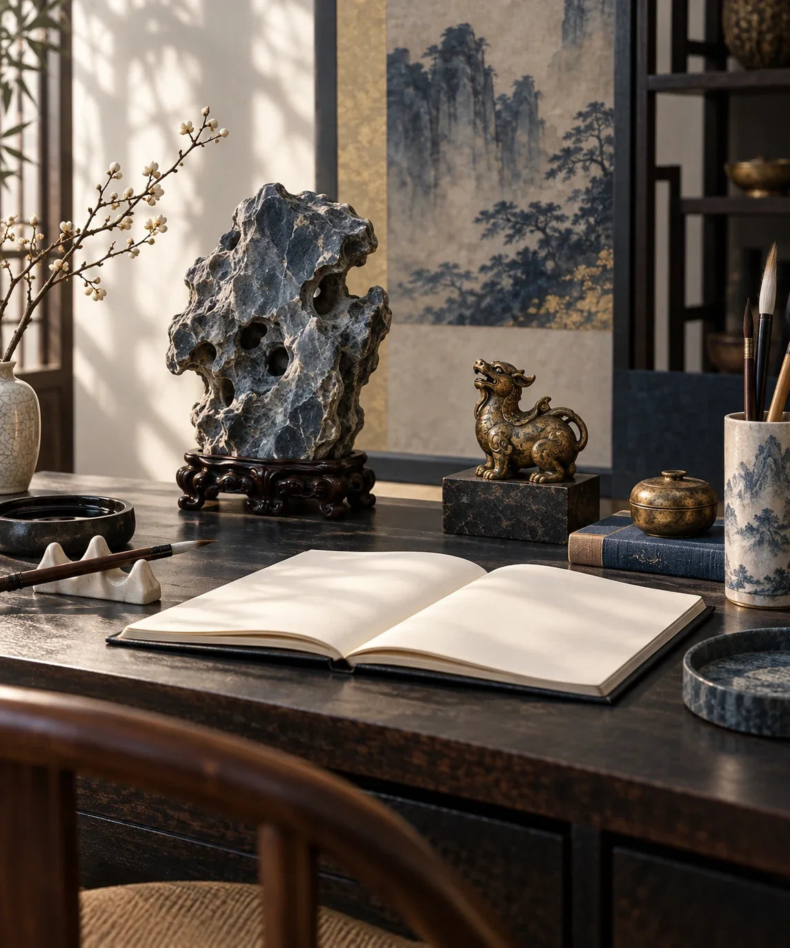 Eastern Aura editorial scene about Asian decorative objects and desk objects, memory and concentration