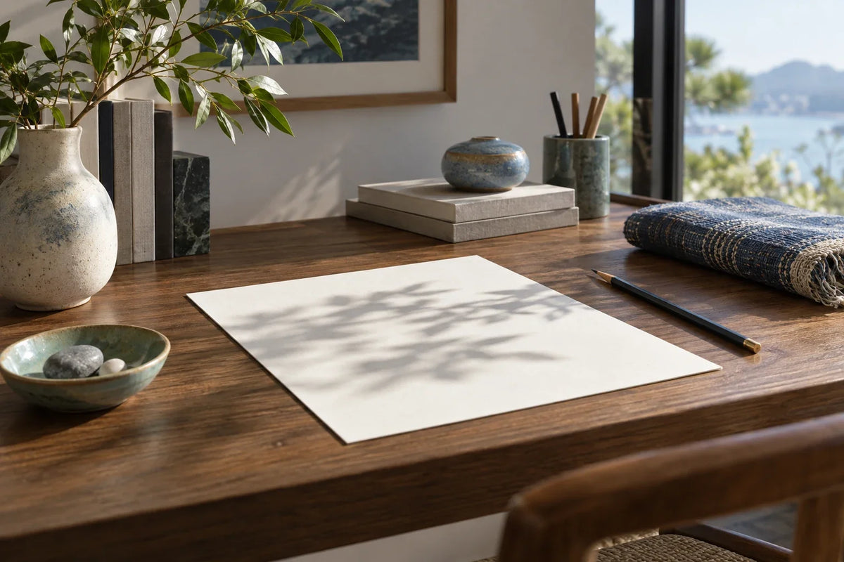 Eastern Aura editorial scene about Asian decorative objects and desk objects, memory and concentration