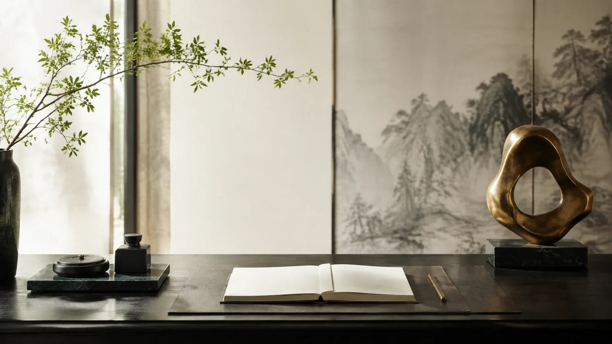 Eastern Aura editorial scene about Asian decorative objects and desk objects, memory and concentration