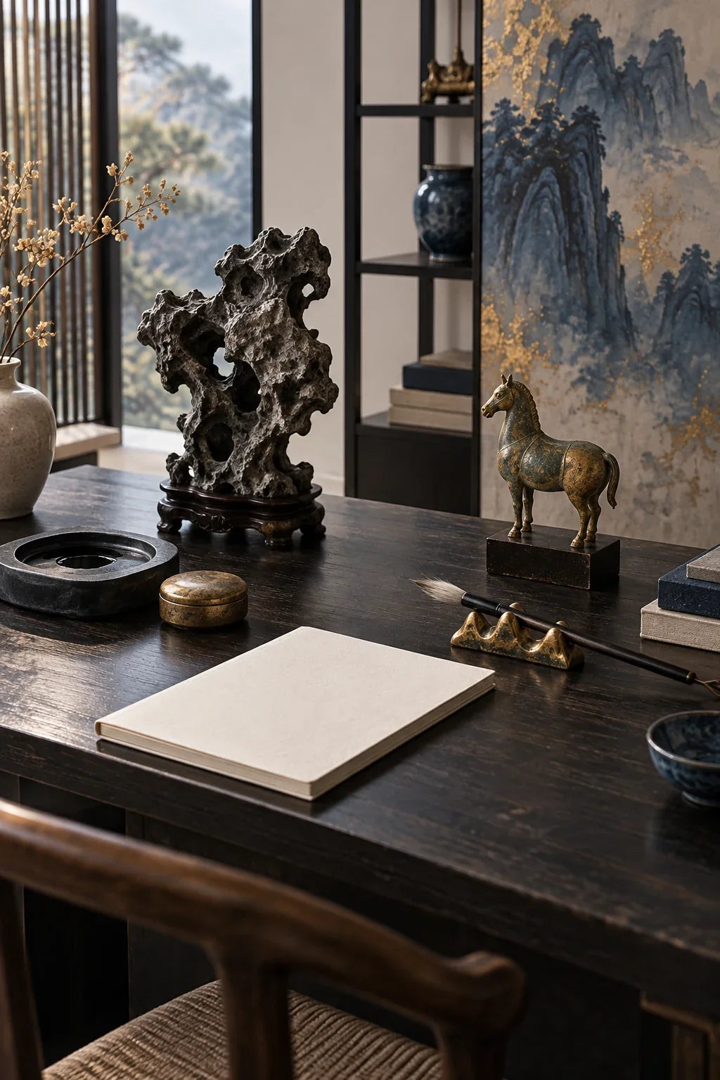 Eastern Aura editorial scene about Asian decorative objects and desk objects, memory and concentration