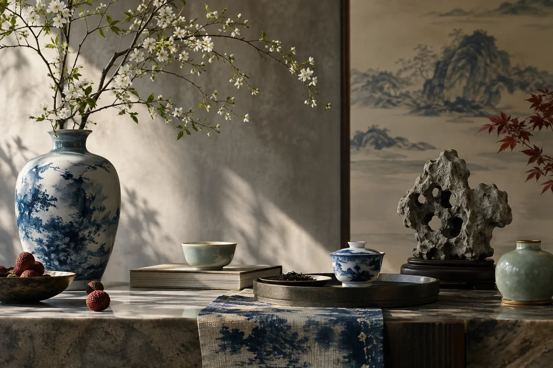 Eastern Aura editorial scene about Asian decorative objects and desk objects, memory and concentration