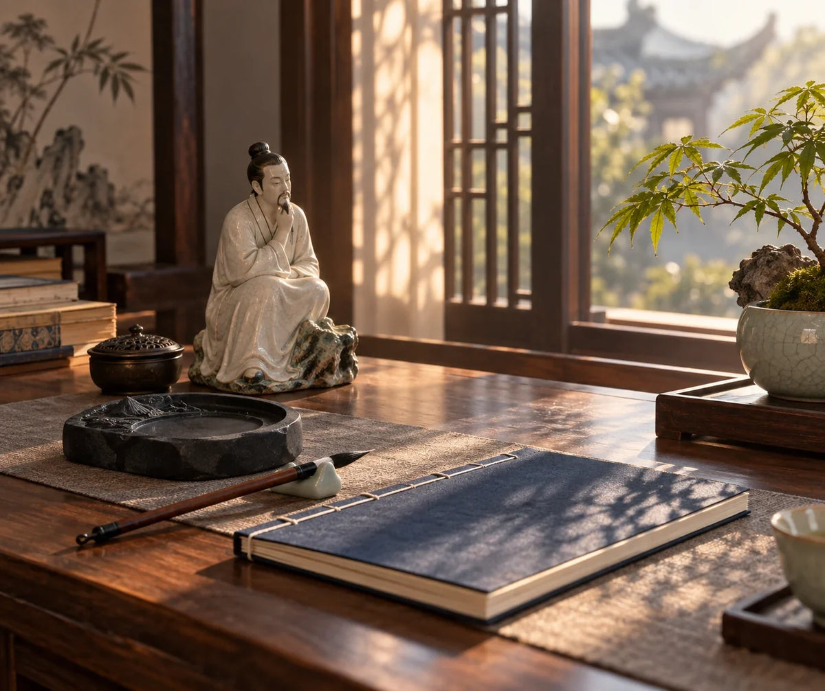 Eastern Aura editorial scene about Asian decorative objects and desk objects, memory and concentration