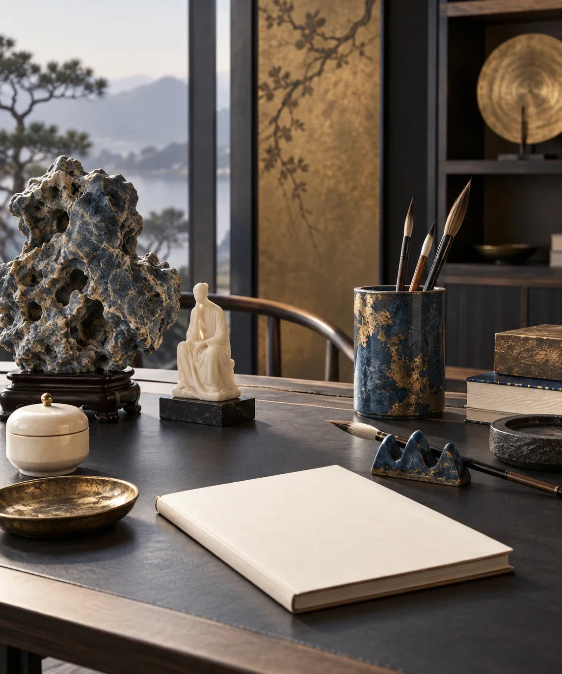 Eastern Aura editorial scene about Asian decorative objects and desk objects, memory and concentration