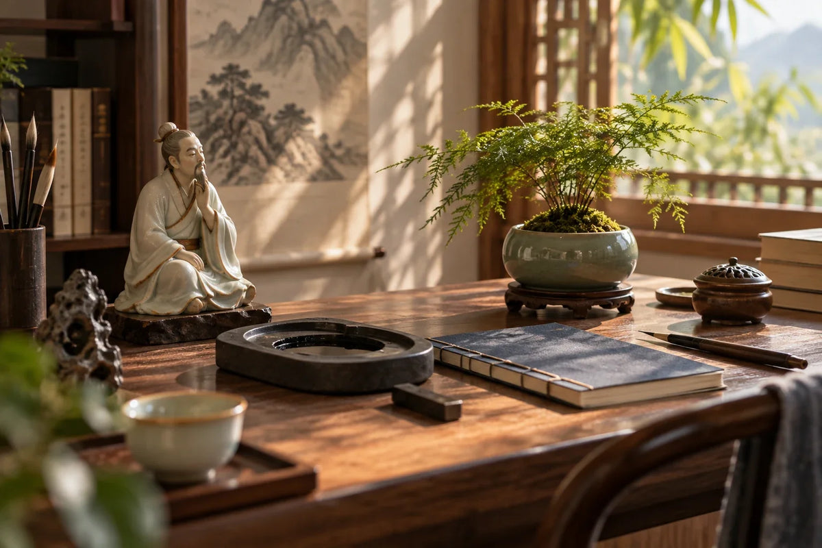 Eastern Aura editorial scene about Asian decorative objects and desk objects, memory and concentration