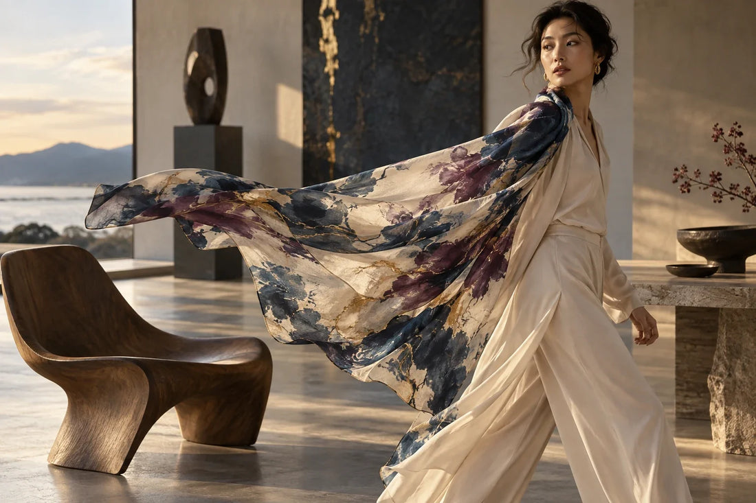 Eastern Aura editorial scene about luxury shawl and use as part of an artwork's meaning