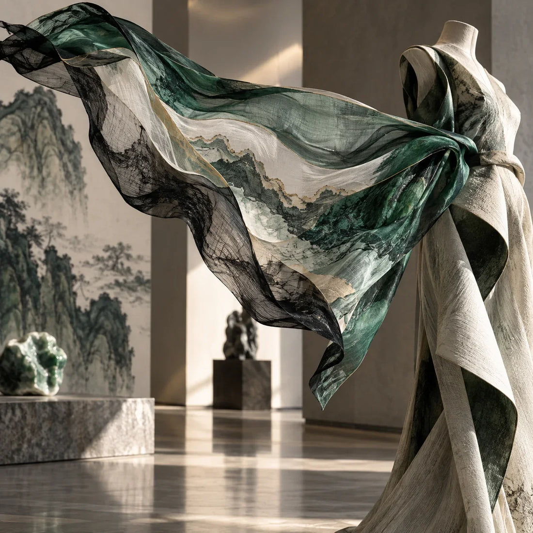 Eastern Aura editorial scene about luxury shawl and use as part of an artwork's meaning