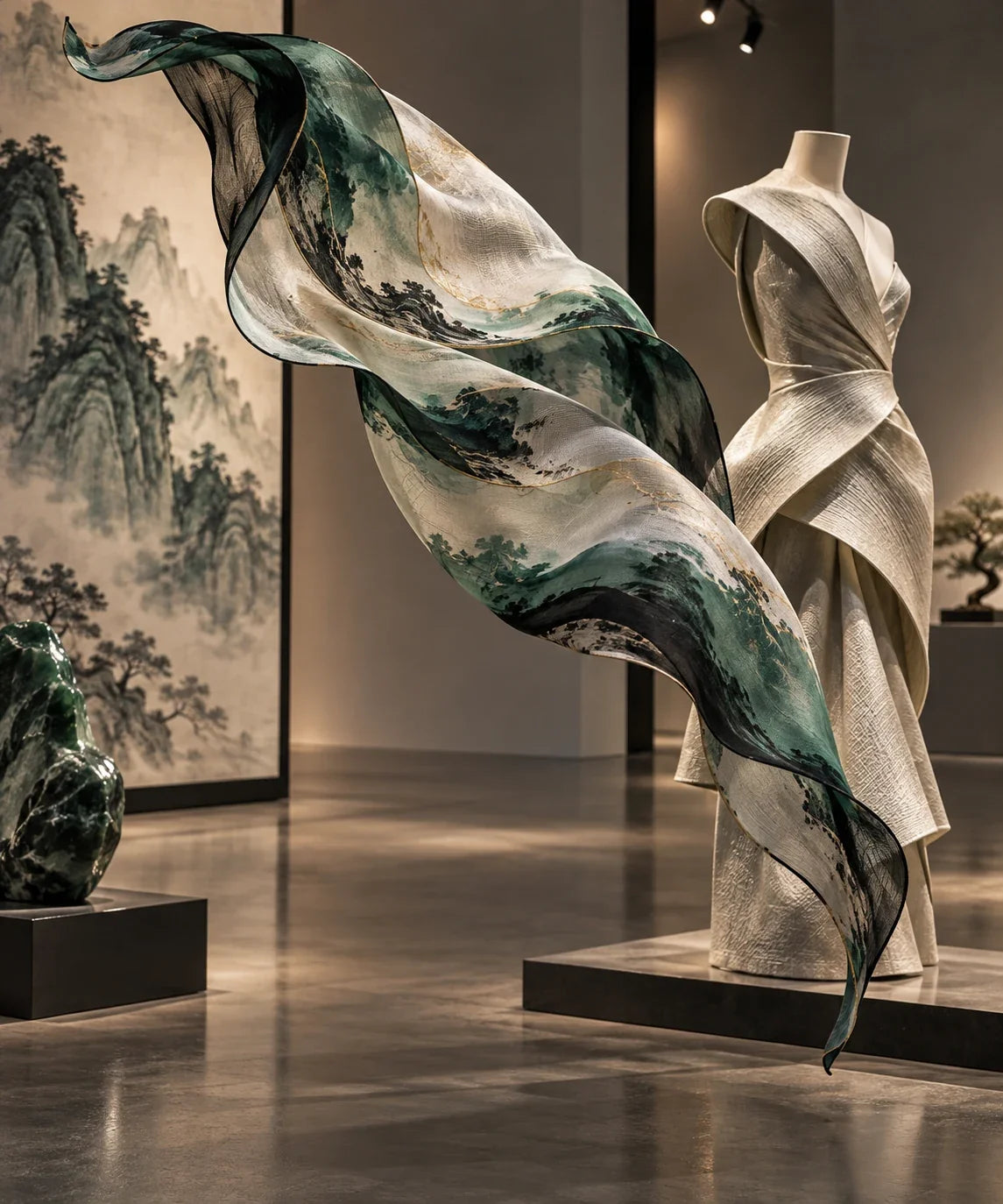 Eastern Aura editorial scene about luxury shawl and use as part of an artwork's meaning
