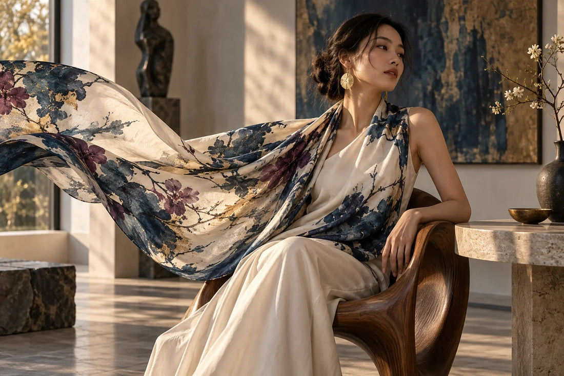 Eastern Aura editorial scene about luxury shawl and use as part of an artwork's meaning