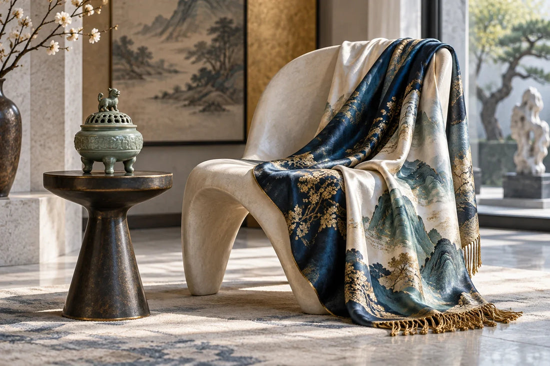 Eastern Aura editorial scene about luxury shawl and use as part of an artwork's meaning