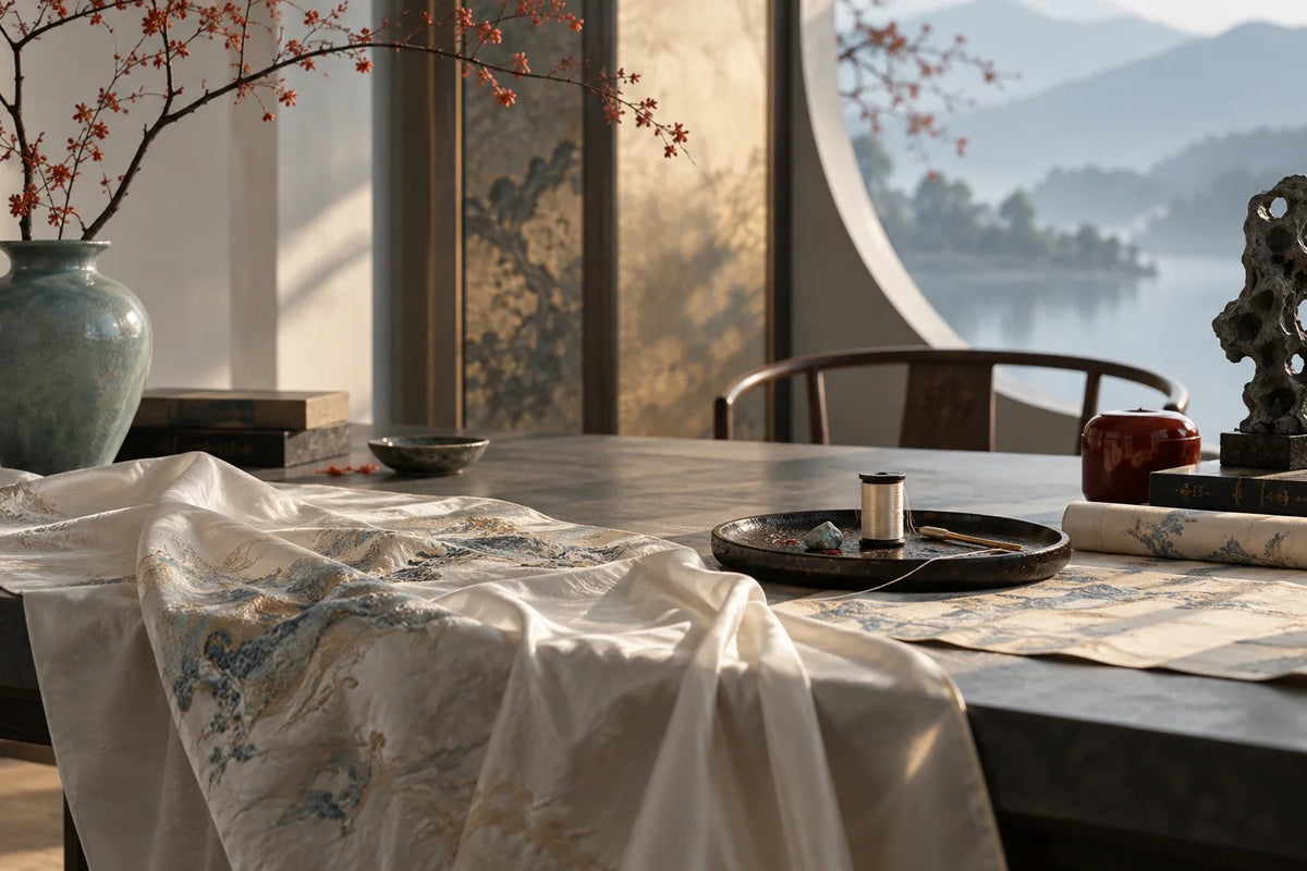 Eastern Aura editorial scene about calligraphic motion as a design principle rather than printed decoration