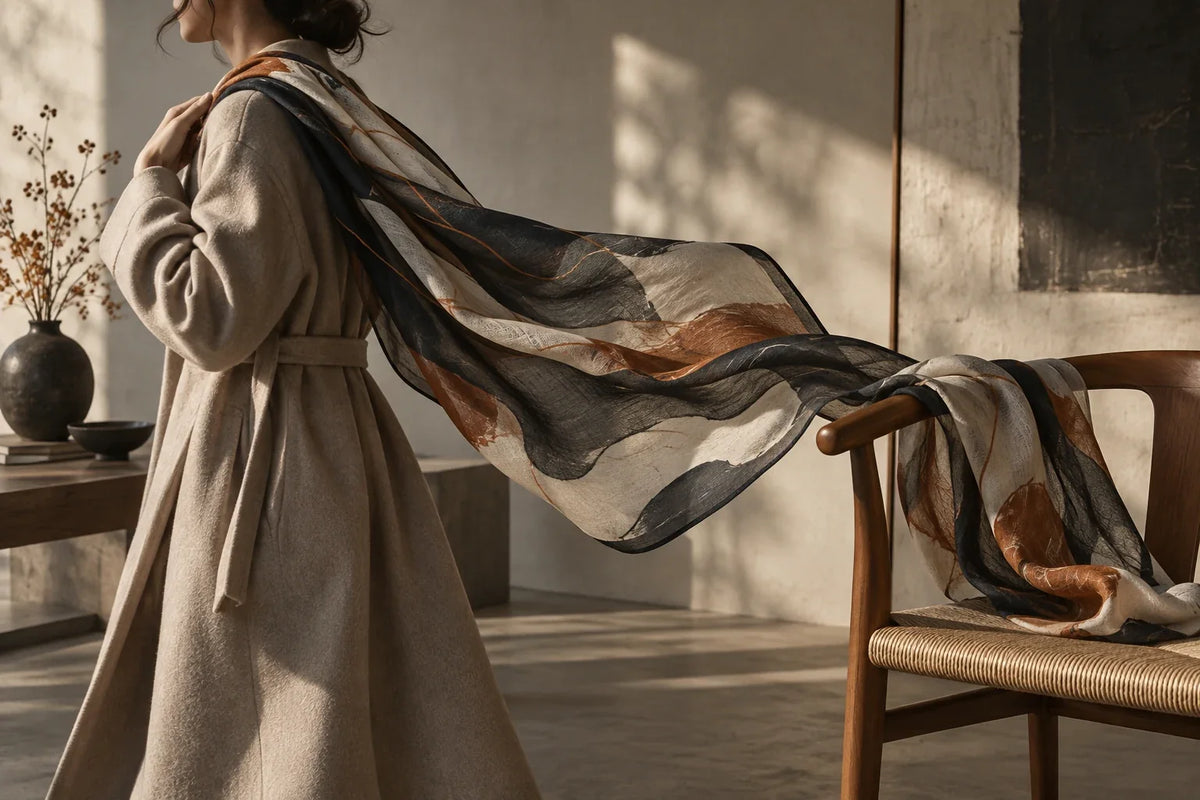 Eastern Aura editorial scene about material blend language, layering and care questions