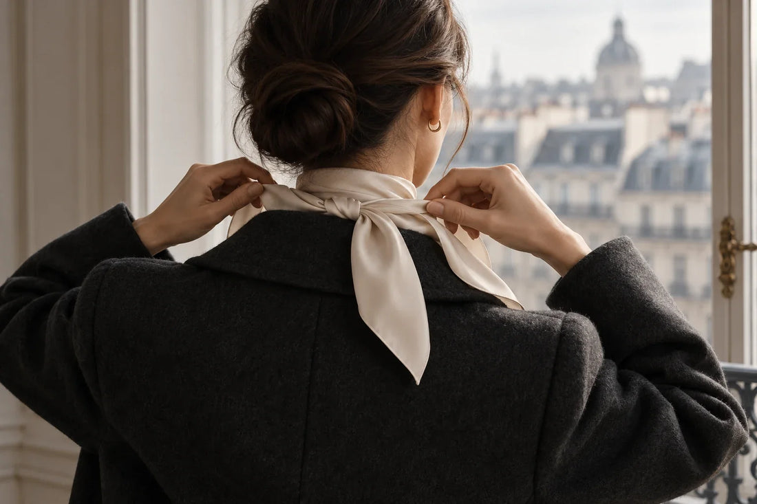 Woman styling a plain square scarf against a dark coat by a bright window