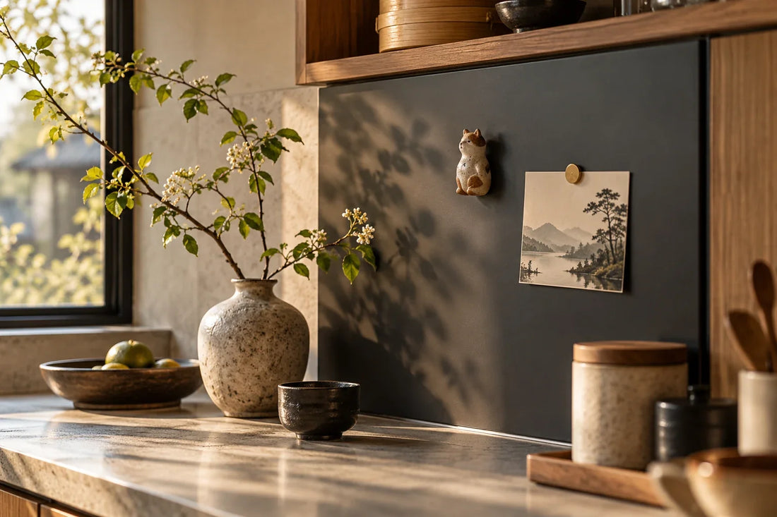 Pomegranate-shaped art magnet displayed beside a quiet collector’s shelf