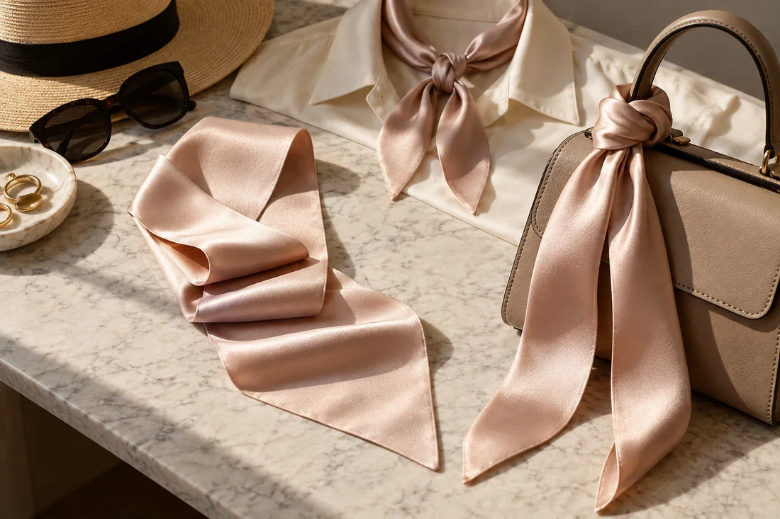 A long solid scarf folded beside a handwritten gift card and winter coat