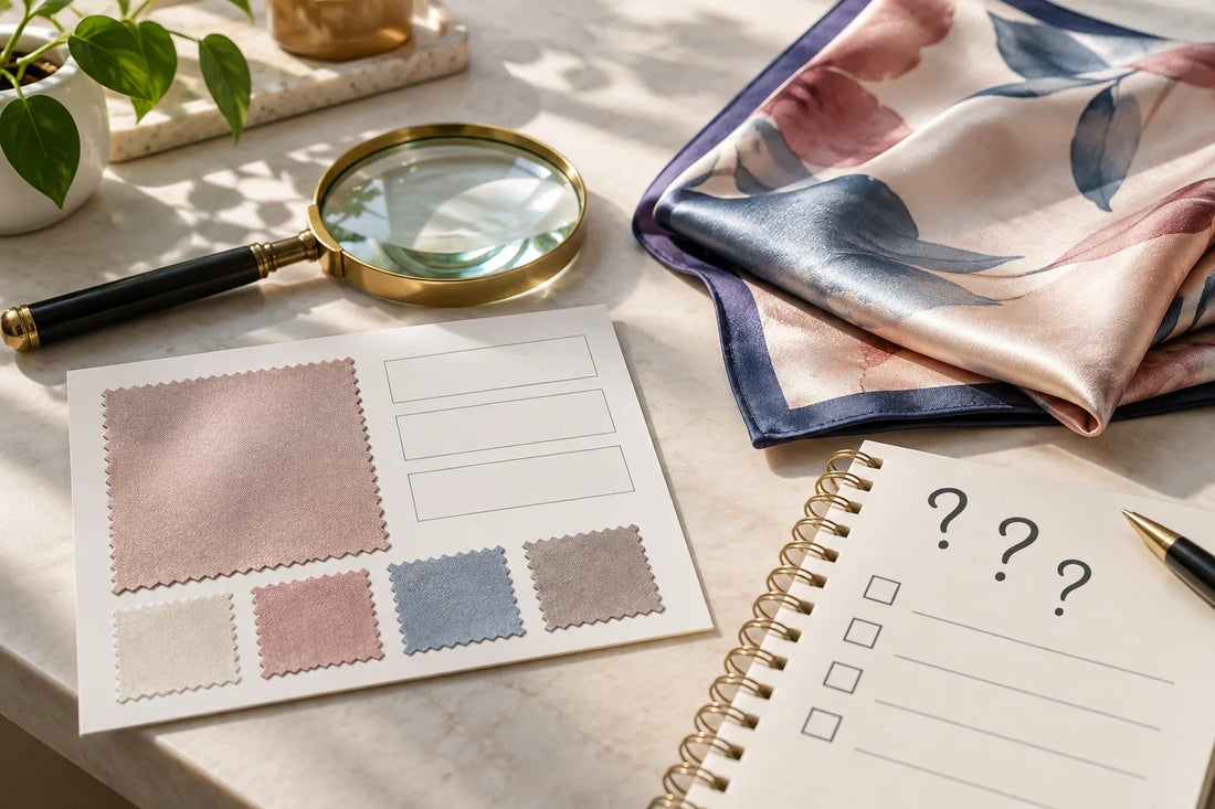 Tiger motif square scarf shown beside a textile composition checklist
