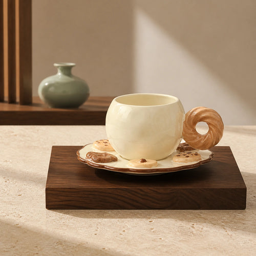 Biscuit glaze latte cup and saucer in an Eastern Aura museum editorial setting, travertine and walnut