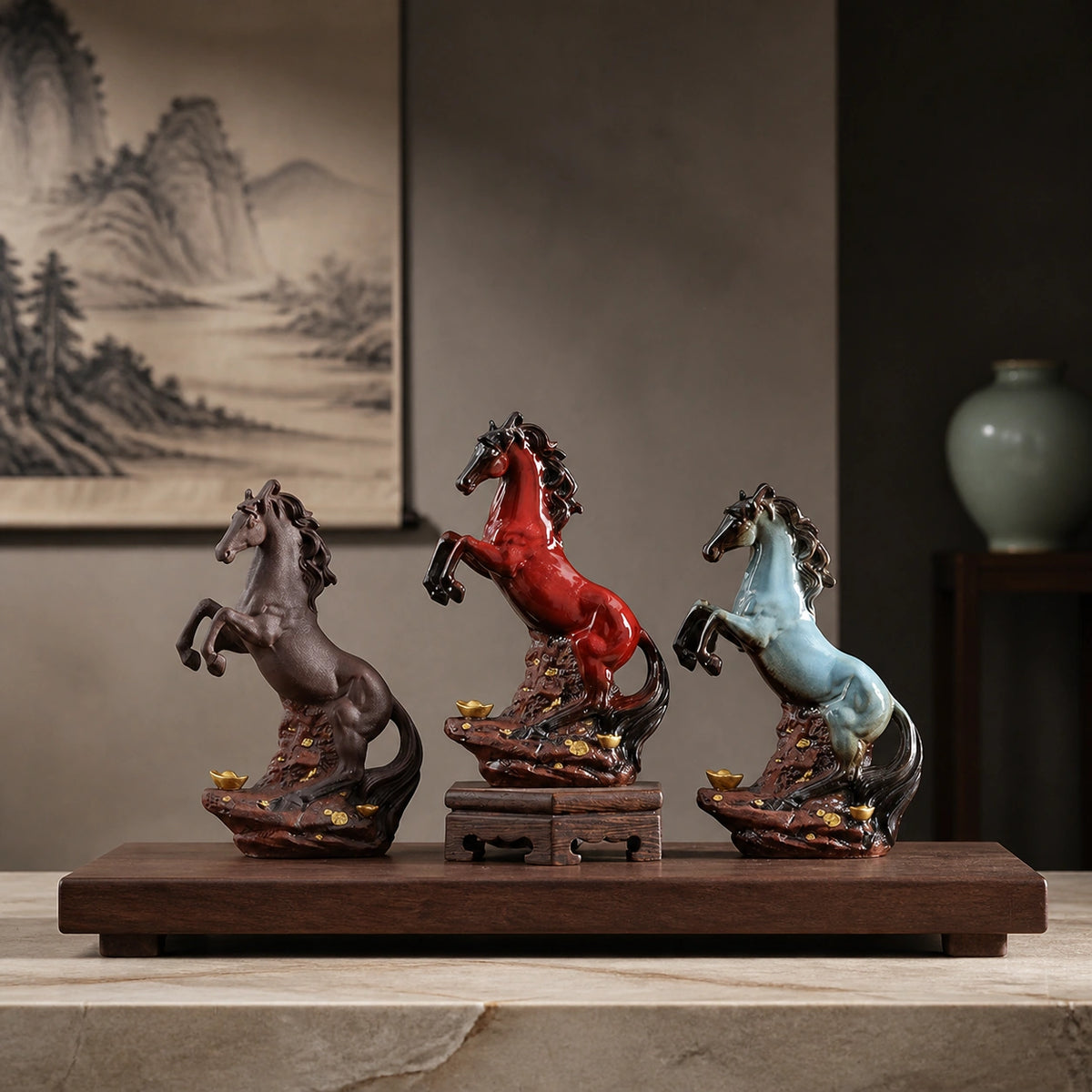 Auspicious horse ceramic sculpture trio in an Eastern Aura museum editorial setting, walnut and travertine