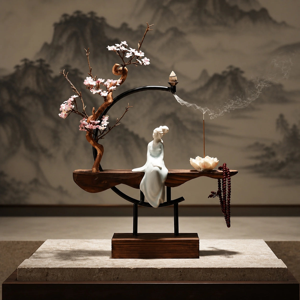Contemporary cascade incense burner in an Eastern Aura museum editorial setting, walnut and ink landscape