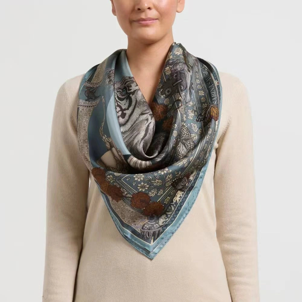 Eastern Aura Tiger Motif Silk-Feel Square Scarf — product detail image 2