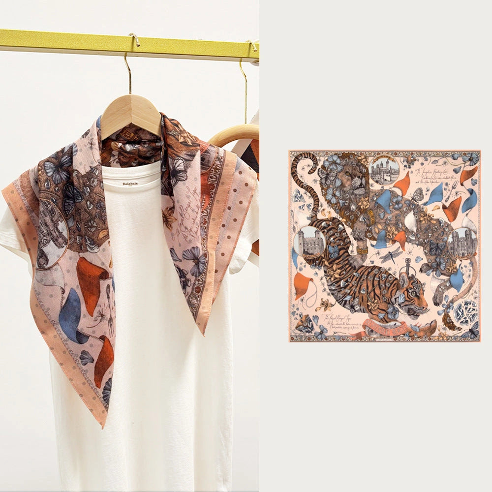 Eastern Aura Tiger Motif Silk-Feel Square Scarf — product detail image 3