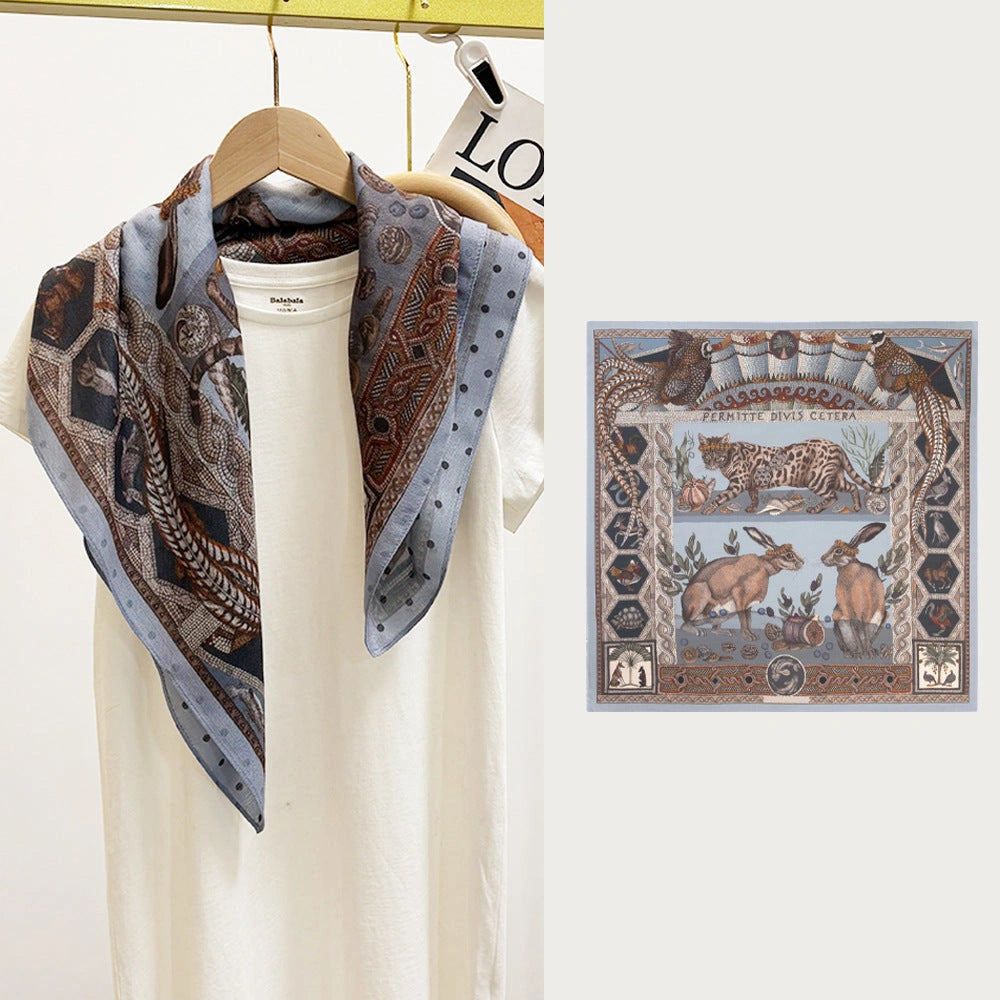 Eastern Aura Tiger Motif Silk-Feel Square Scarf — product detail image 4