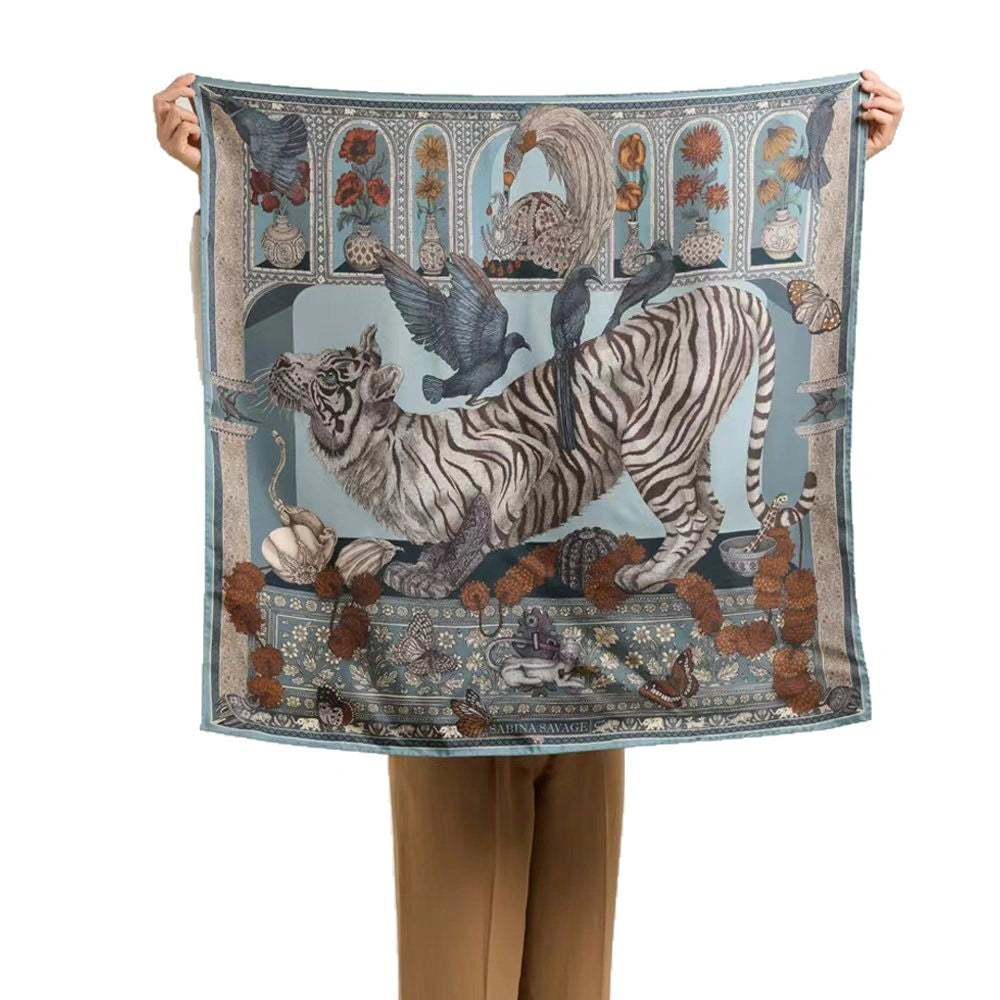 Eastern Aura Tiger Motif Silk-Feel Square Scarf — product detail image 5