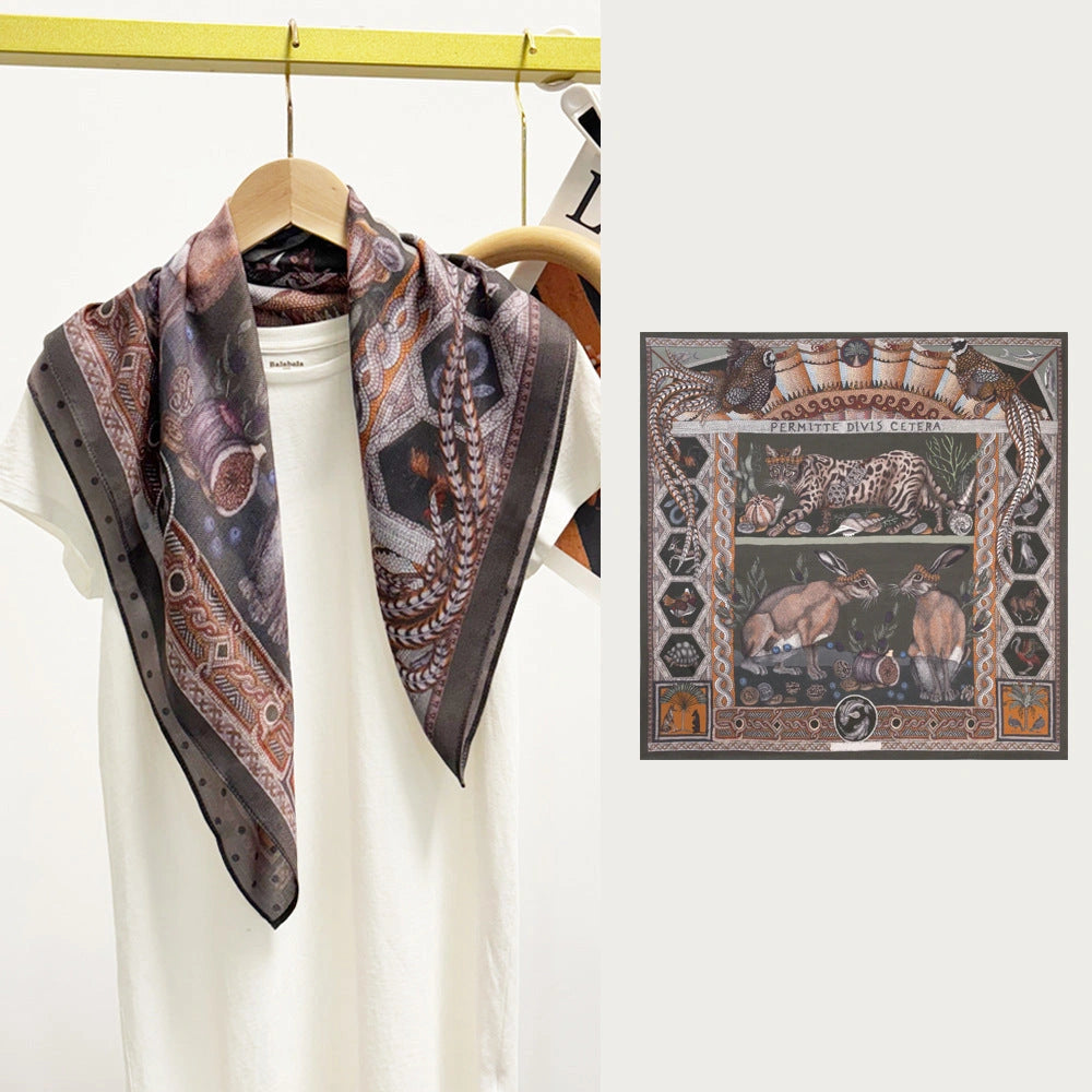 Eastern Aura Tiger Motif Silk-Feel Square Scarf — product detail image 7