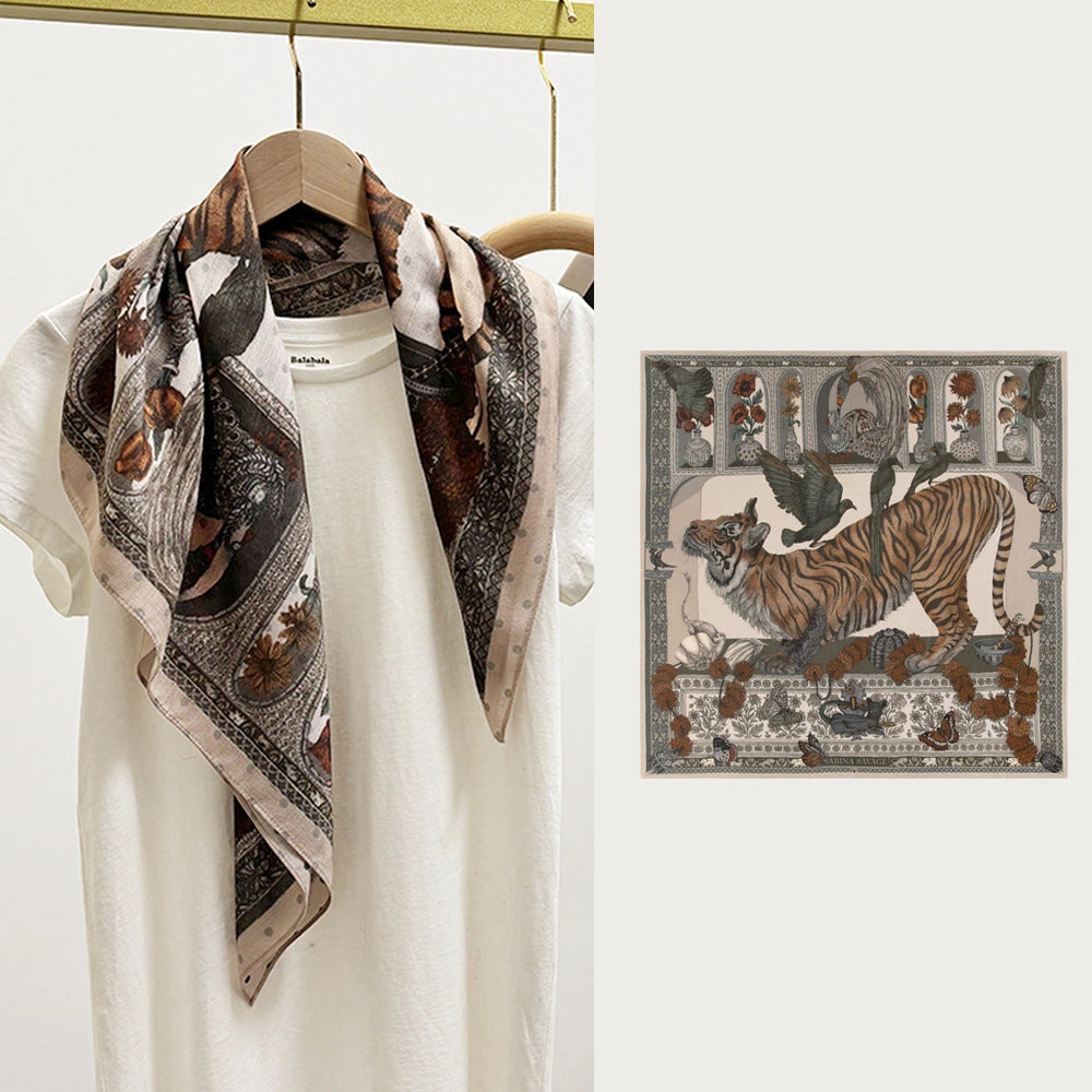 Eastern Aura Tiger Motif Silk-Feel Square Scarf — product detail image 9
