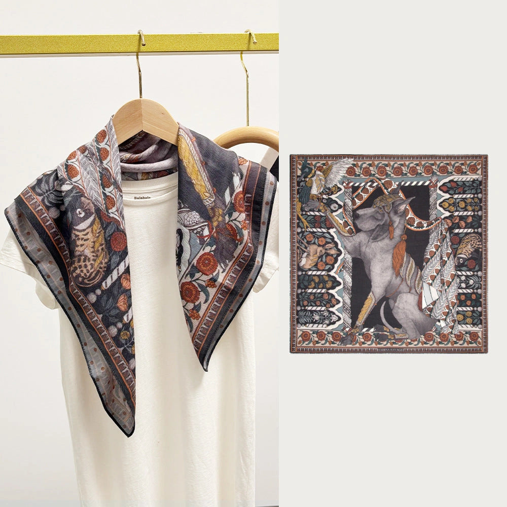 Eastern Aura Tiger Motif Silk-Feel Square Scarf — product detail image 10