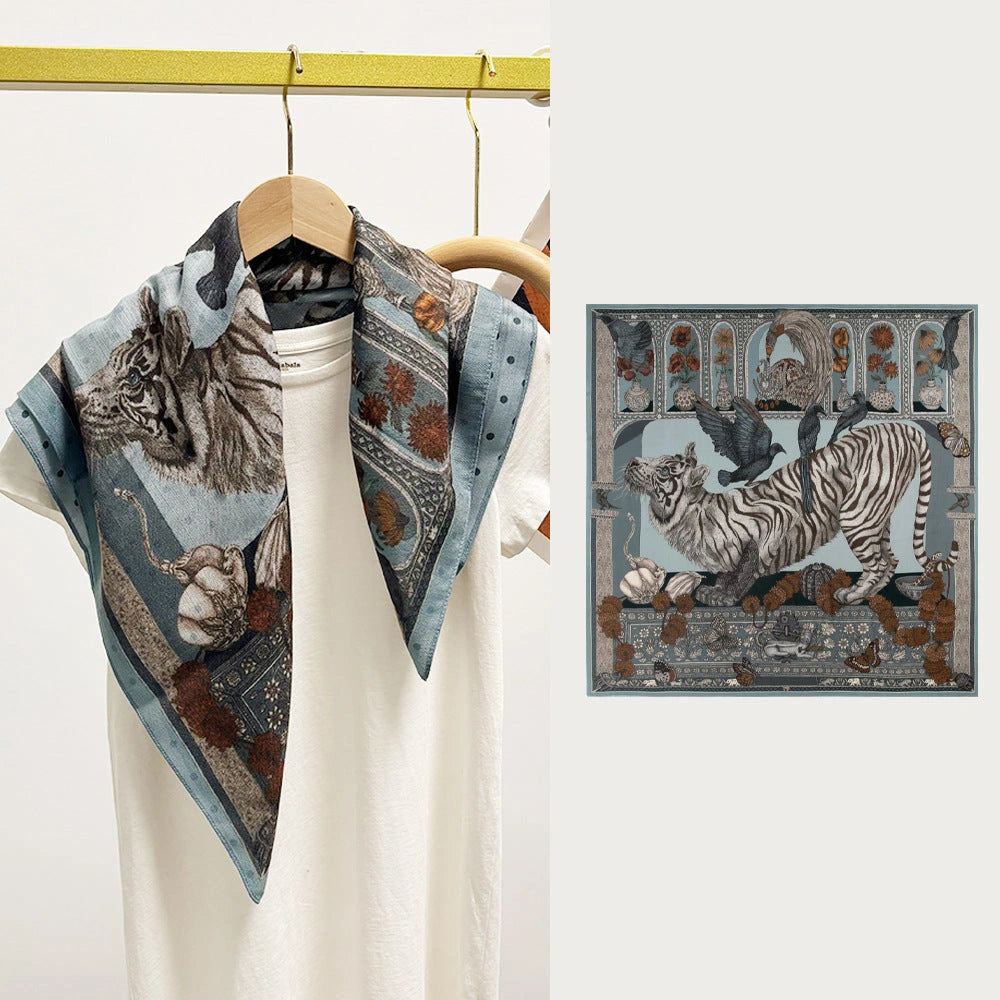 Eastern Aura Tiger Motif Silk-Feel Square Scarf — product detail image 20