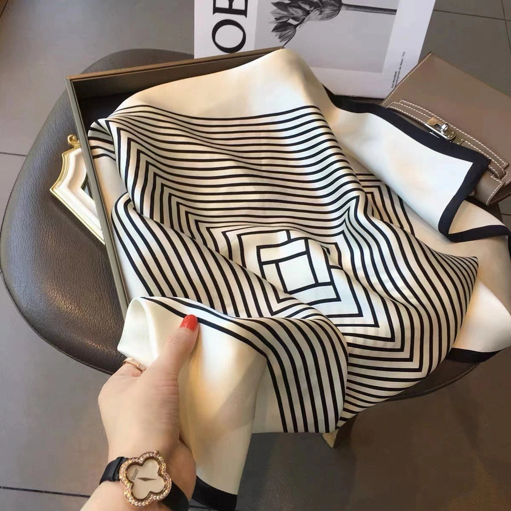 Eastern Aura Monochrome Stripe Silk-Feel Square Scarf — hero product image 1