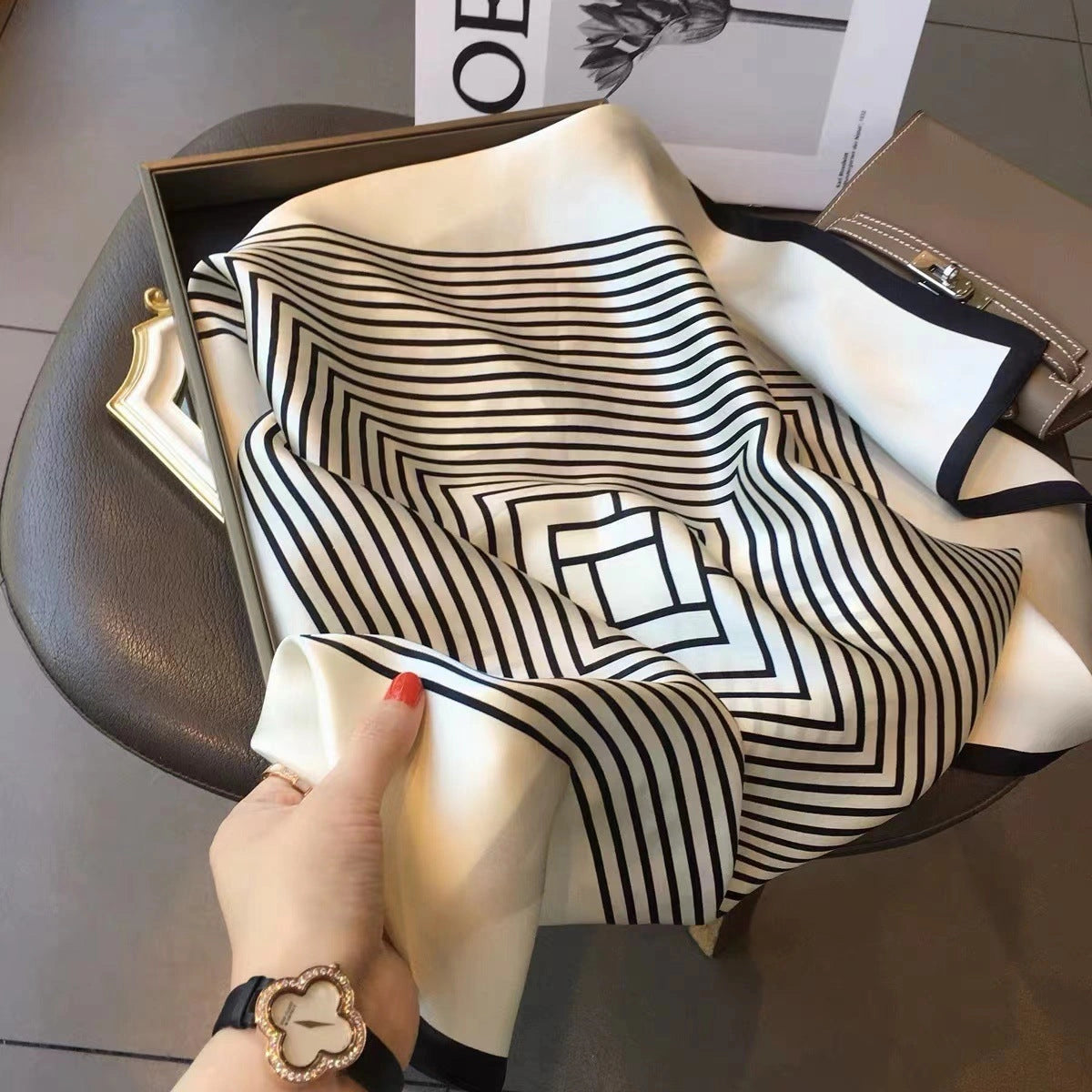 Eastern Aura Monochrome Stripe Silk-Feel Square Scarf — hero product image 1