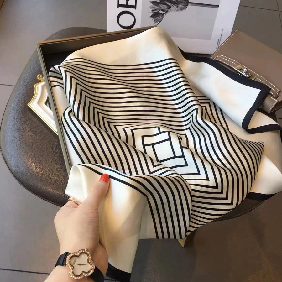 Eastern Aura Monochrome Stripe Silk-Feel Square Scarf — hero product image 1