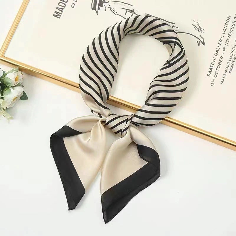 Eastern Aura Monochrome Stripe Silk-Feel Square Scarf — product detail image 3