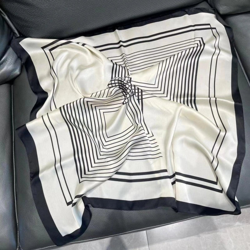 Eastern Aura Monochrome Stripe Silk-Feel Square Scarf — product detail image 9