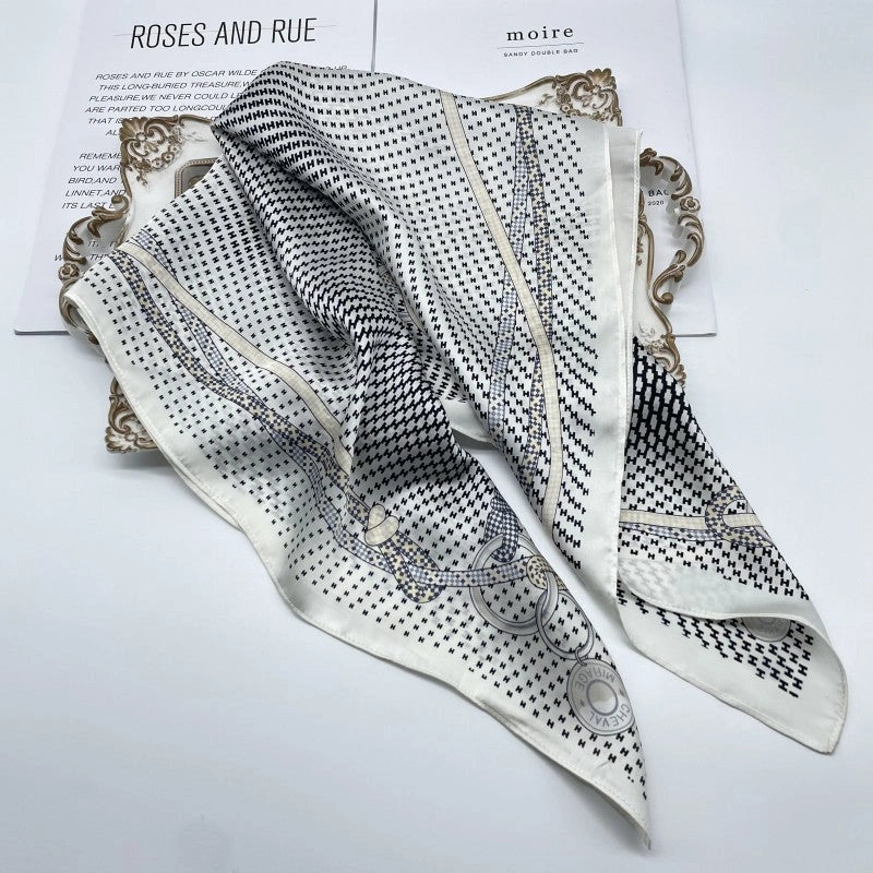 Eastern Aura Monochrome Stripe Silk-Feel Square Scarf — product detail image 19