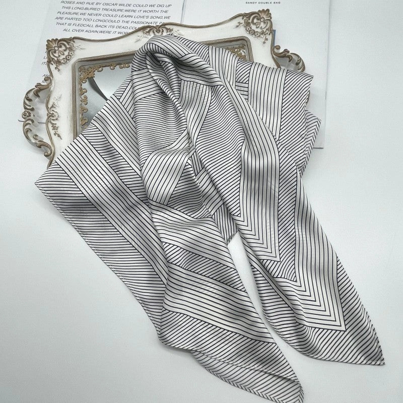 Eastern Aura Monochrome Stripe Silk-Feel Square Scarf — product detail image 20